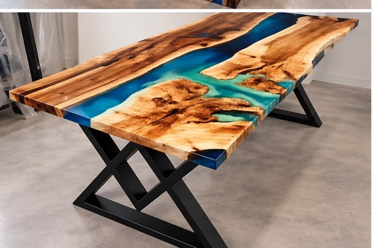 Live-edge dining table with turquoise resin lagoon