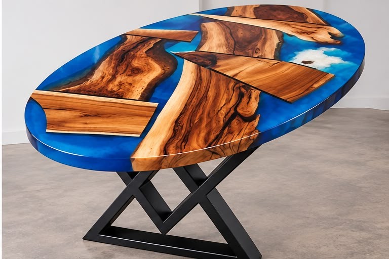 Oval resin river dining table on black X base