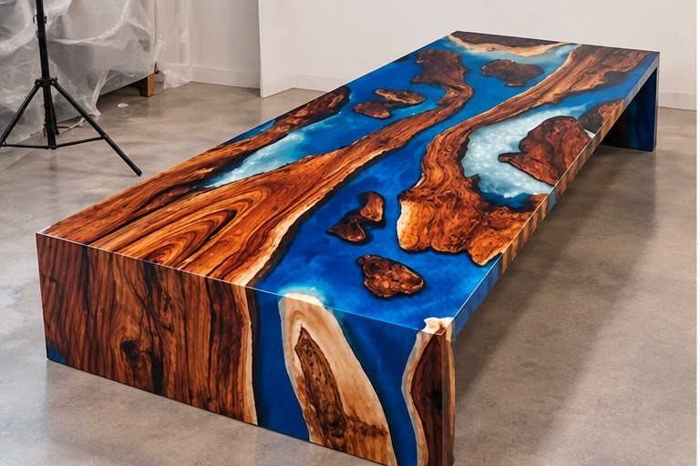 Live-edge walnut and blue resin river coffee table