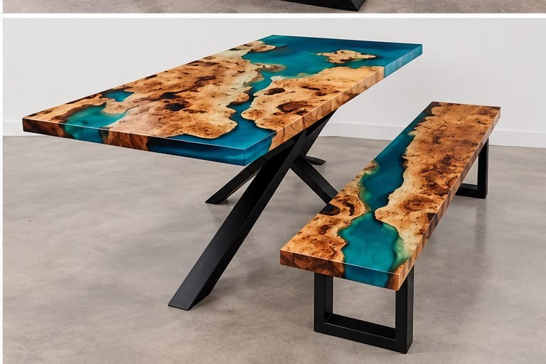 Resin river dining table with matching bench